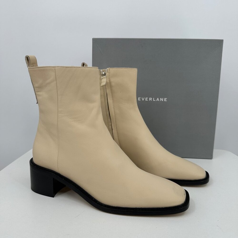 Everlane The City Boot in Cream Leather 10.5 Women's Side Zip Block Heel Ankle